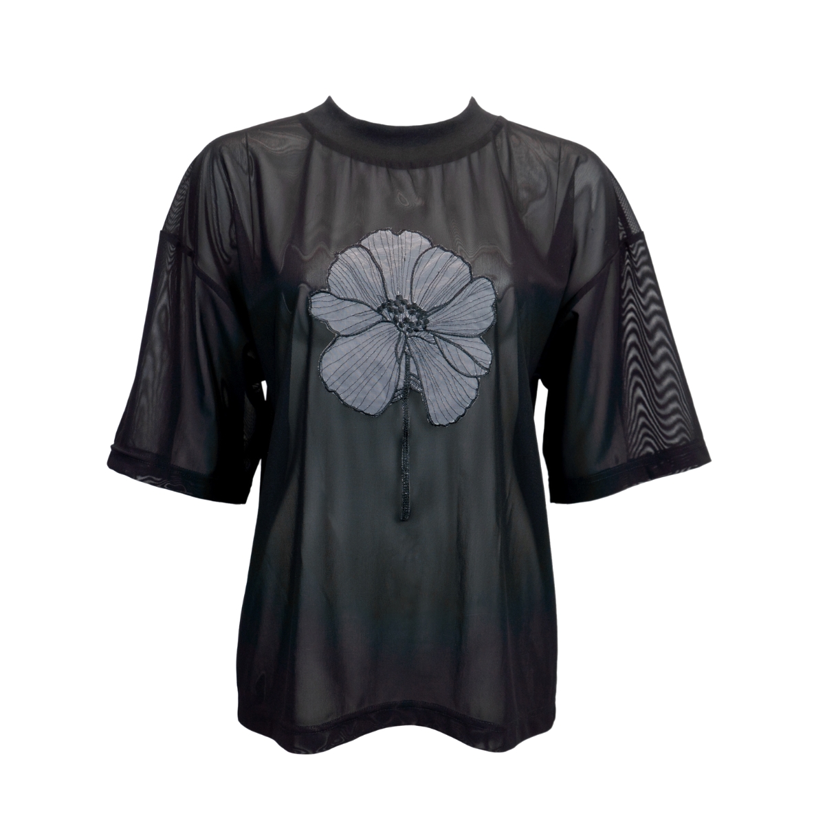Black Oversize Mesh Tulle T-Shirt With Stitching